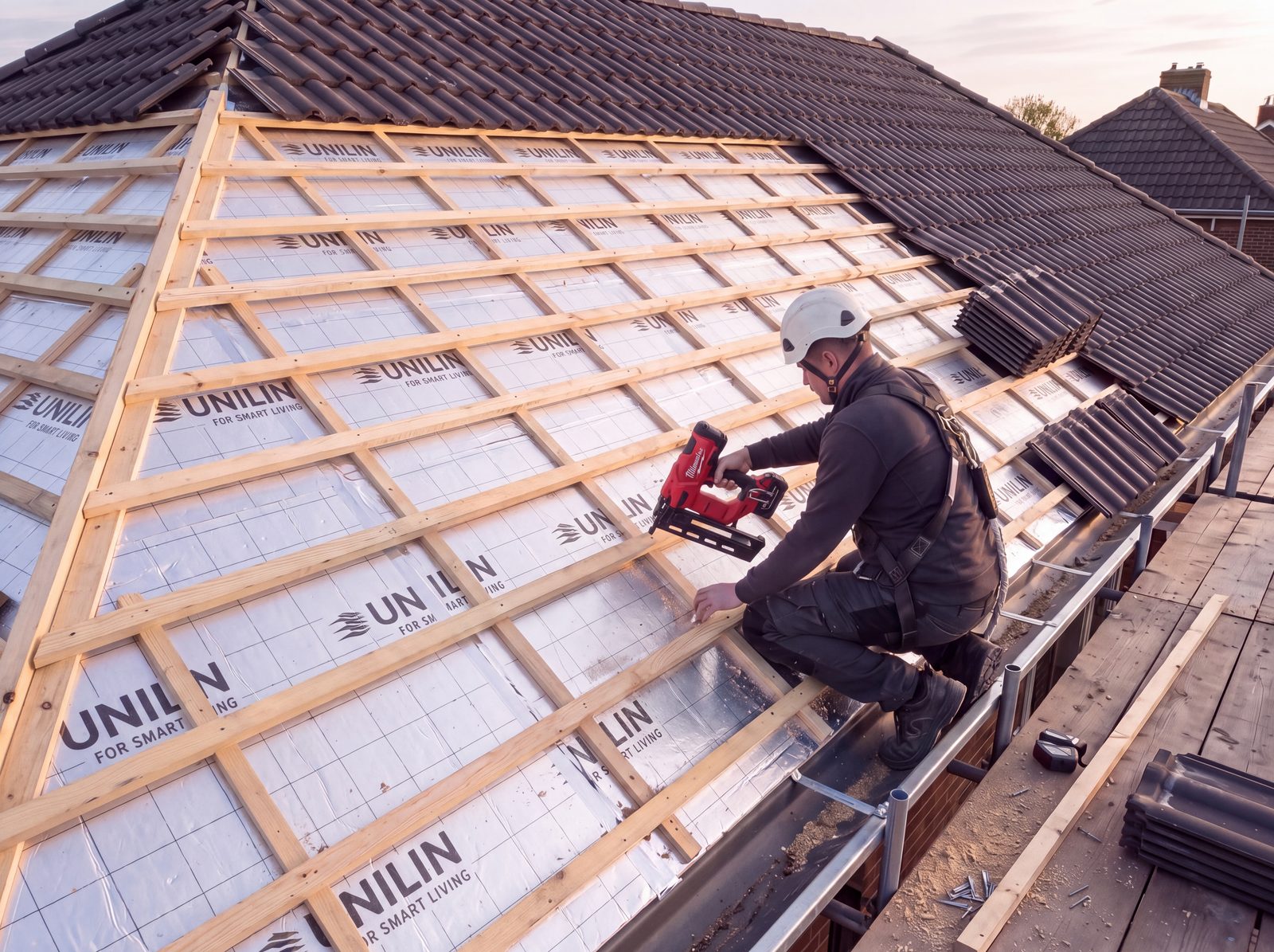 Dakdekker met helm en harnas zet panlatten vast over aluminium PIR-isolatieplaten op een pannendak, met randbeveiliging langs de goot