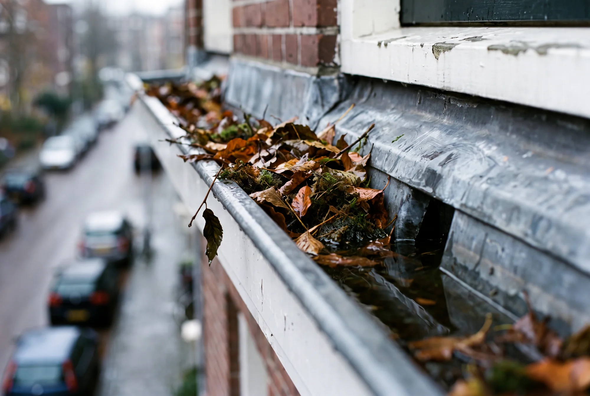 Zinken dakgoot vol herfstblad met verstopte afvoer