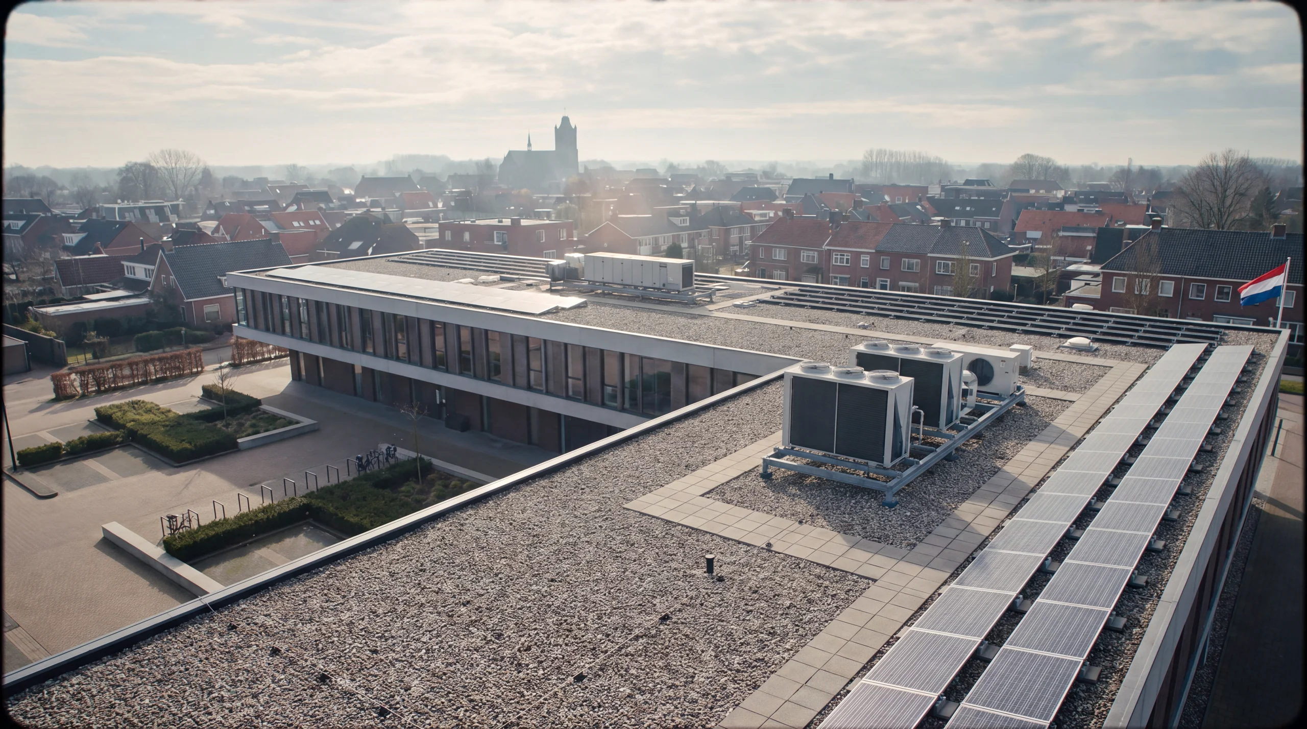 Plat dak van een publiek gebouw met zonnepanelen