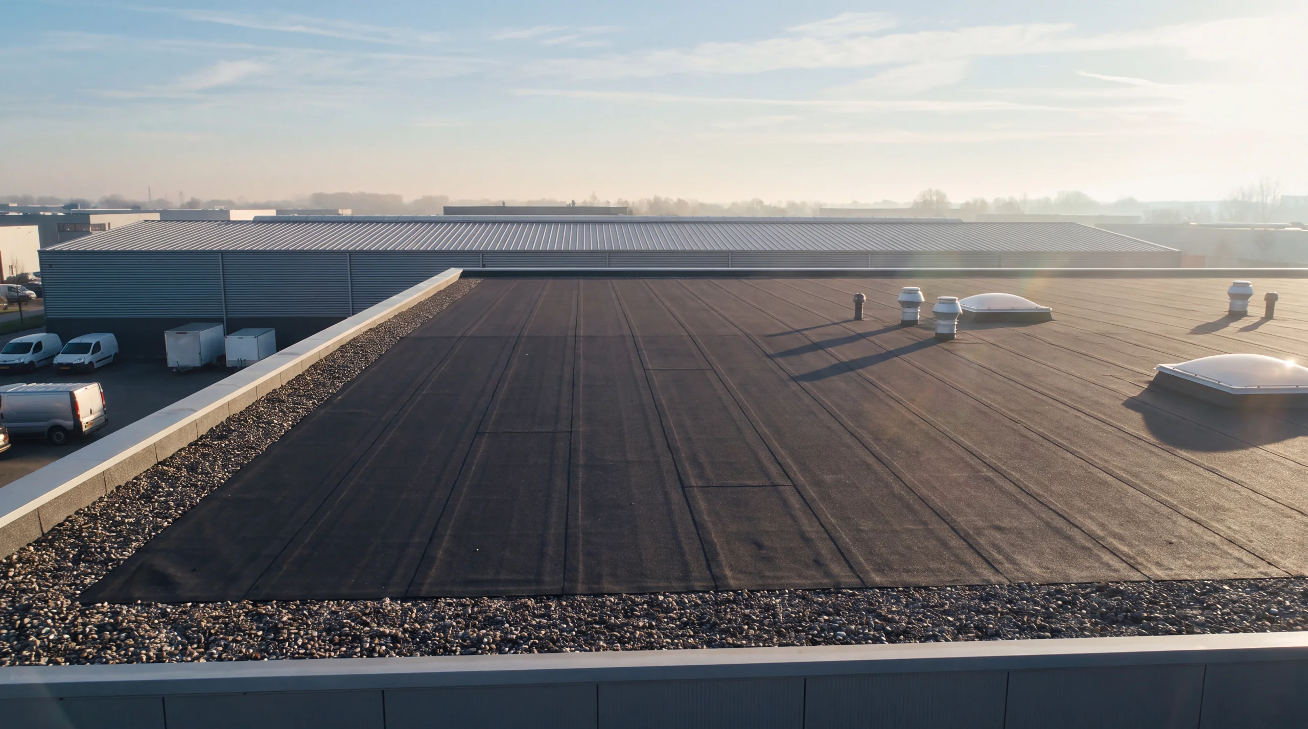 Plat bitumen dak van een bedrijfshal op een industrieterrein
