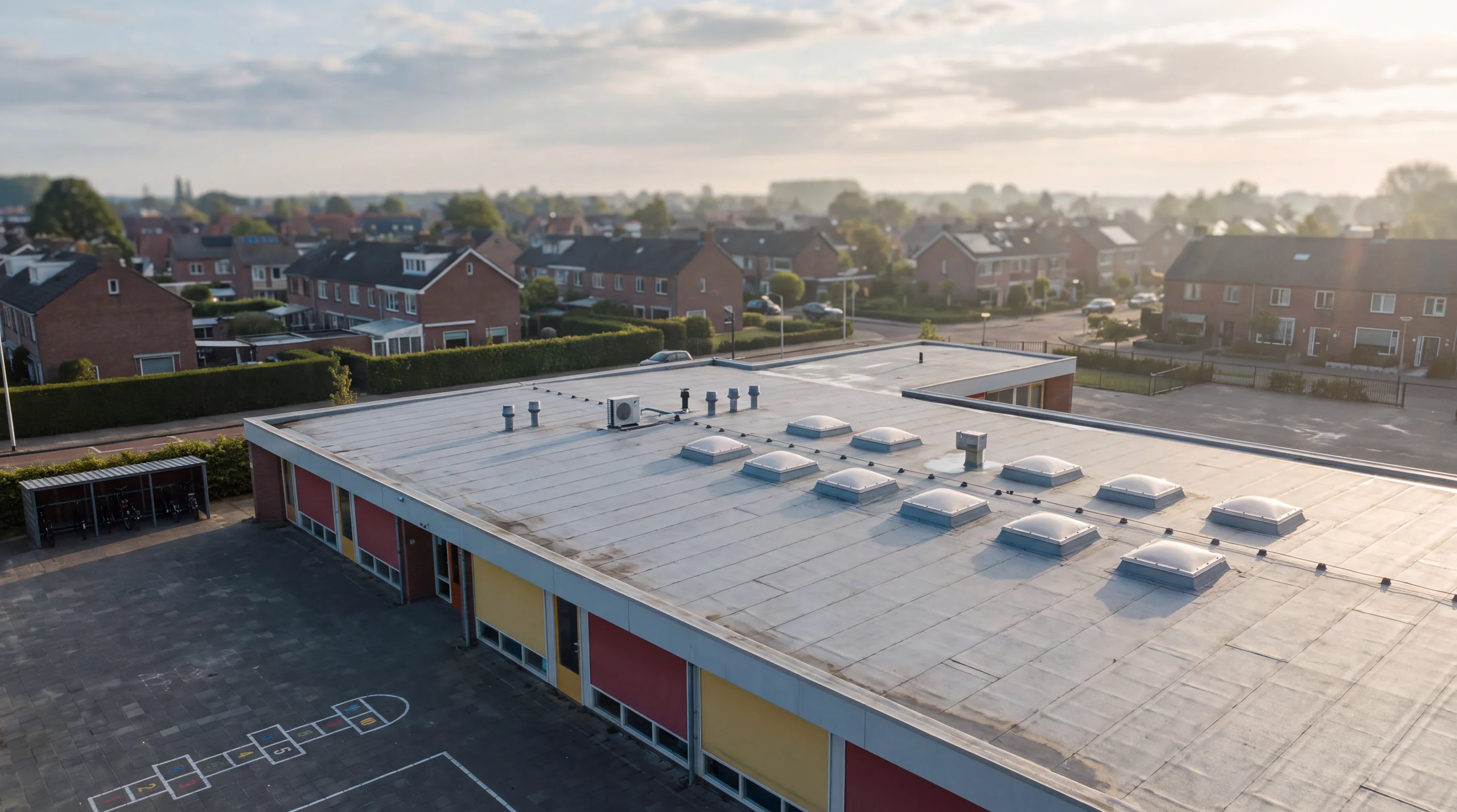 Plat dak van een modern schoolgebouw met lichtkoepels